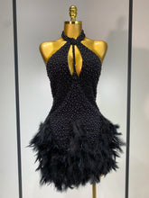 Sexy Backless Feathers Performance Costume Stage Dancer Black Mini Stretchy Nightclub Luxury Birthday Evening Party Dresses